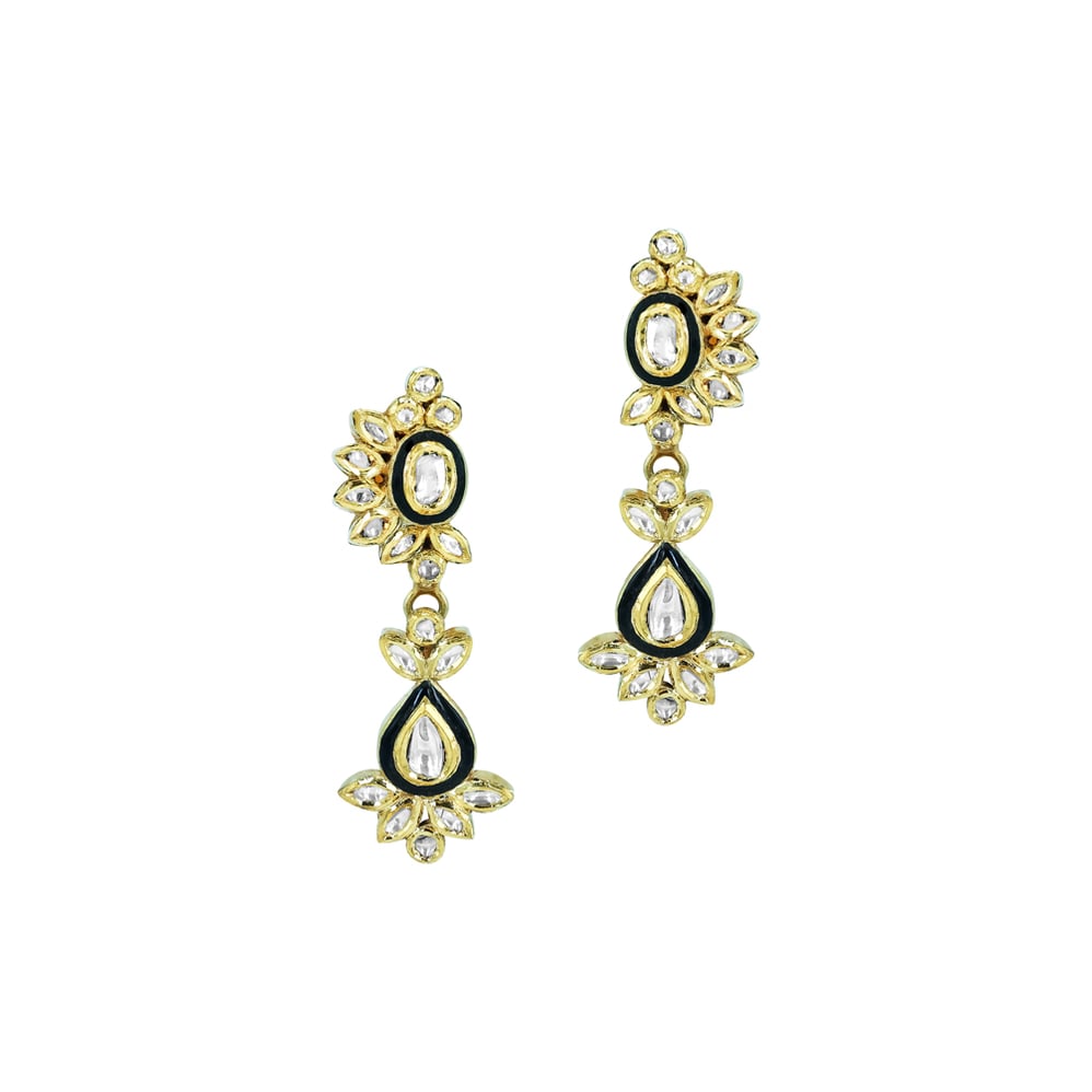 Polki Earrings with Black Meena and Teardrop Polki